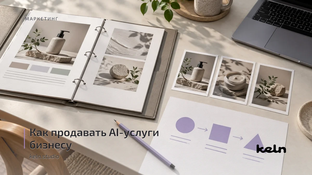 Папка с учебной серией товарных изображений и лист со схемой этапов коммерческого предложения.