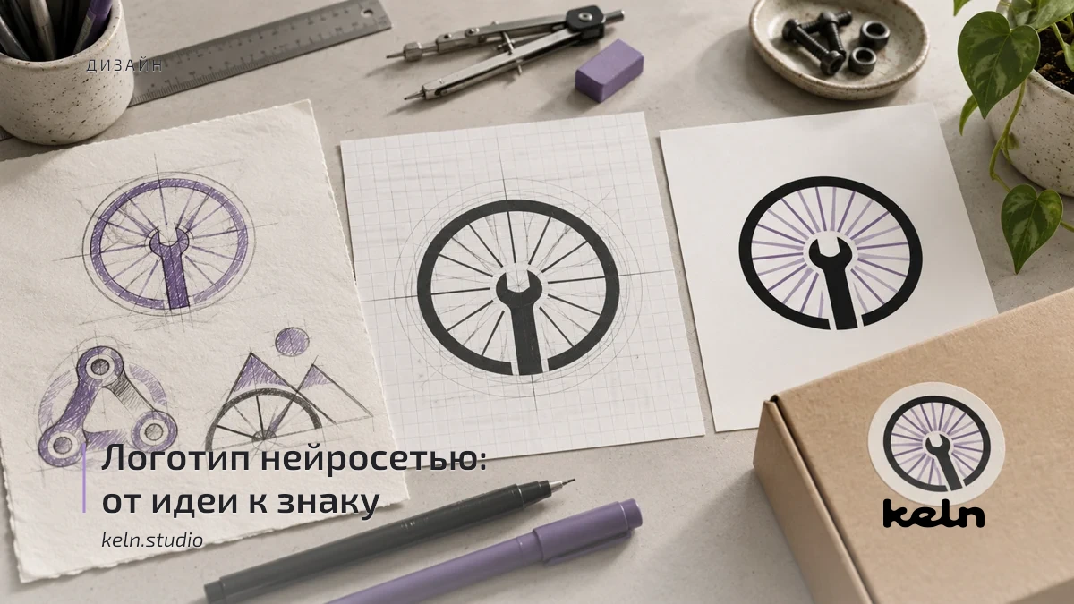 Эскизы геометрического знака для вымышленной велосипедной мастерской, выбранный вариант и наклейка.