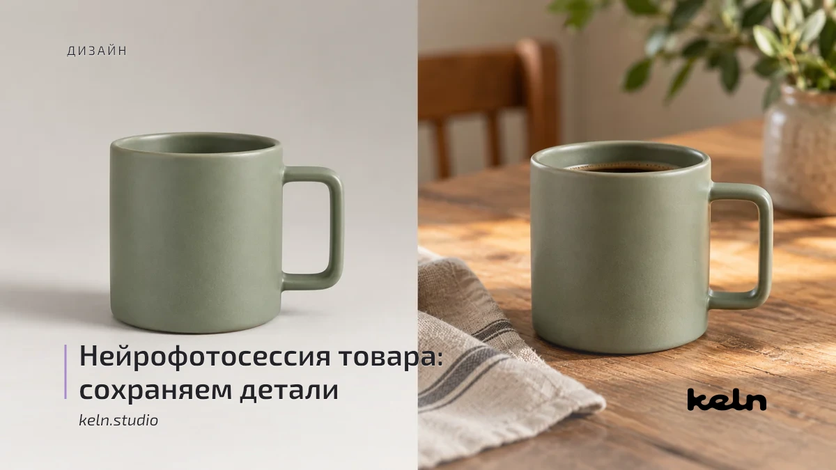Одна зелёная керамическая кружка с квадратной ручкой на нейтральном фоне и в сцене на деревянном столе.