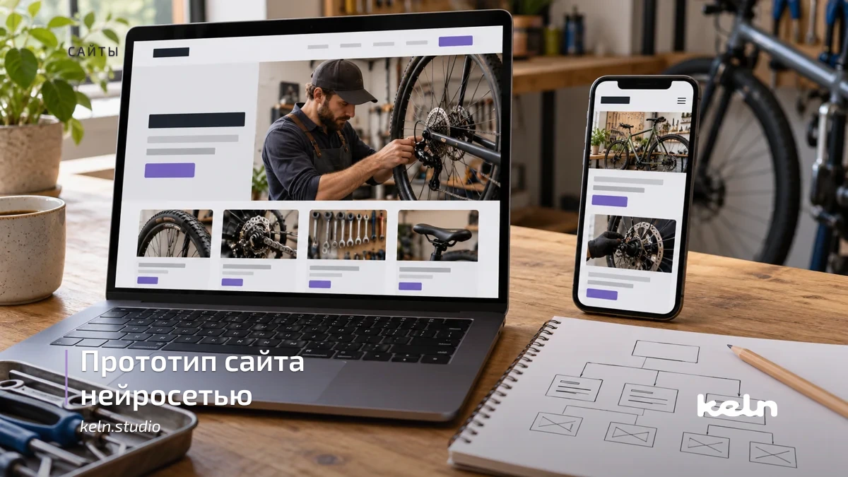 Ноутбук и телефон с учебным интерфейсом велосипедной мастерской; рядом схема будущего сайта.